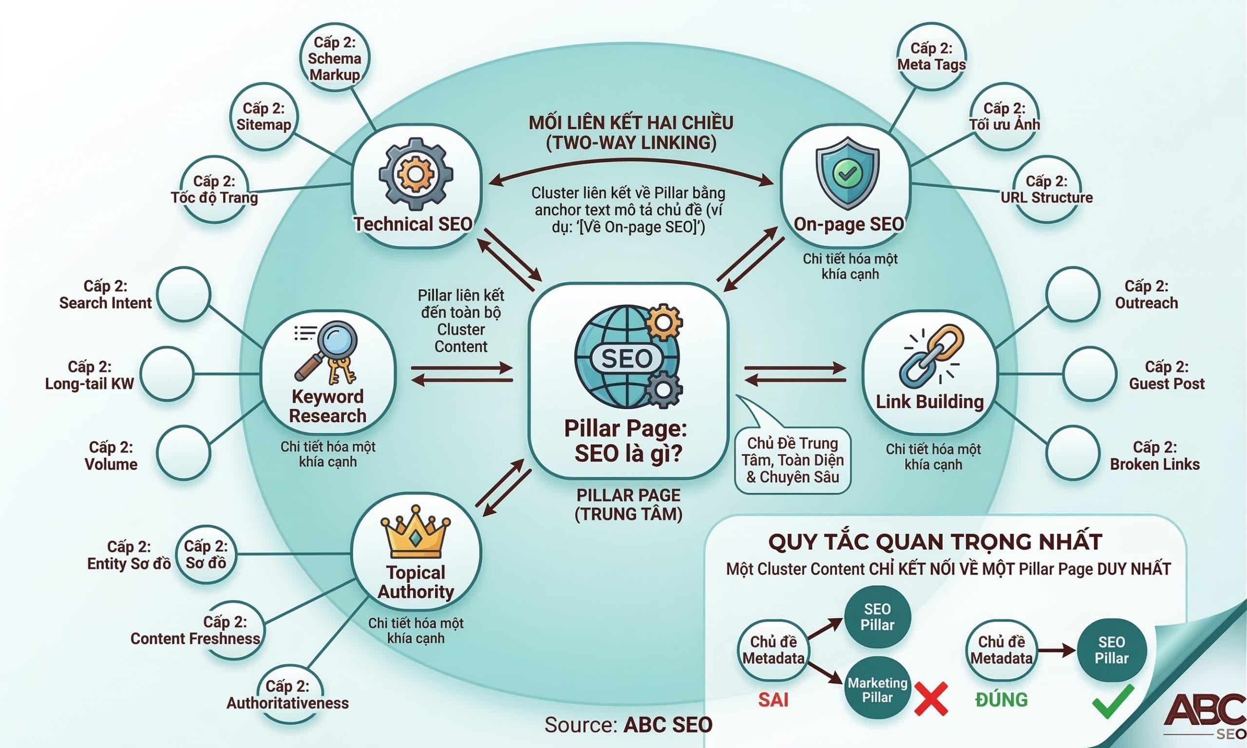 Sơ đồ Topic Cluster Model với Pillar Page ở trung tâm, các Cluster Content cấp 1 và cấp 2 xung quanh, mũi tên hai chiều thể hiện internal linking trong hệ thống nội dung Topical Authority