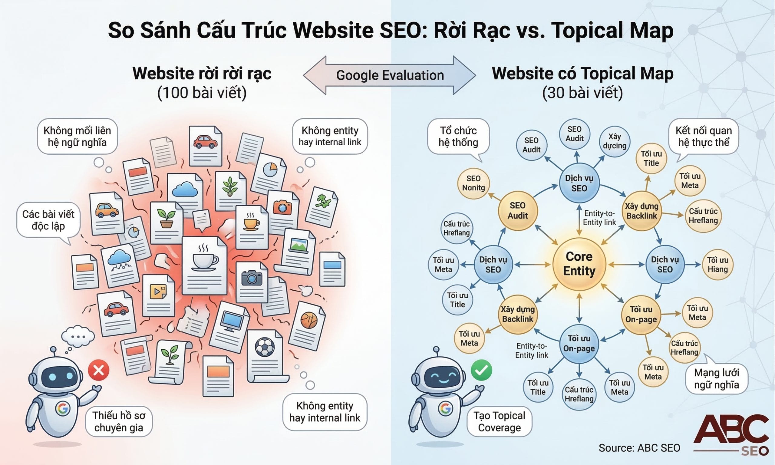 So sánh website nhiều bài viết rời rạc không có Topical Map với website ít bài nhưng được tổ chức theo hệ thống ngữ nghĩa