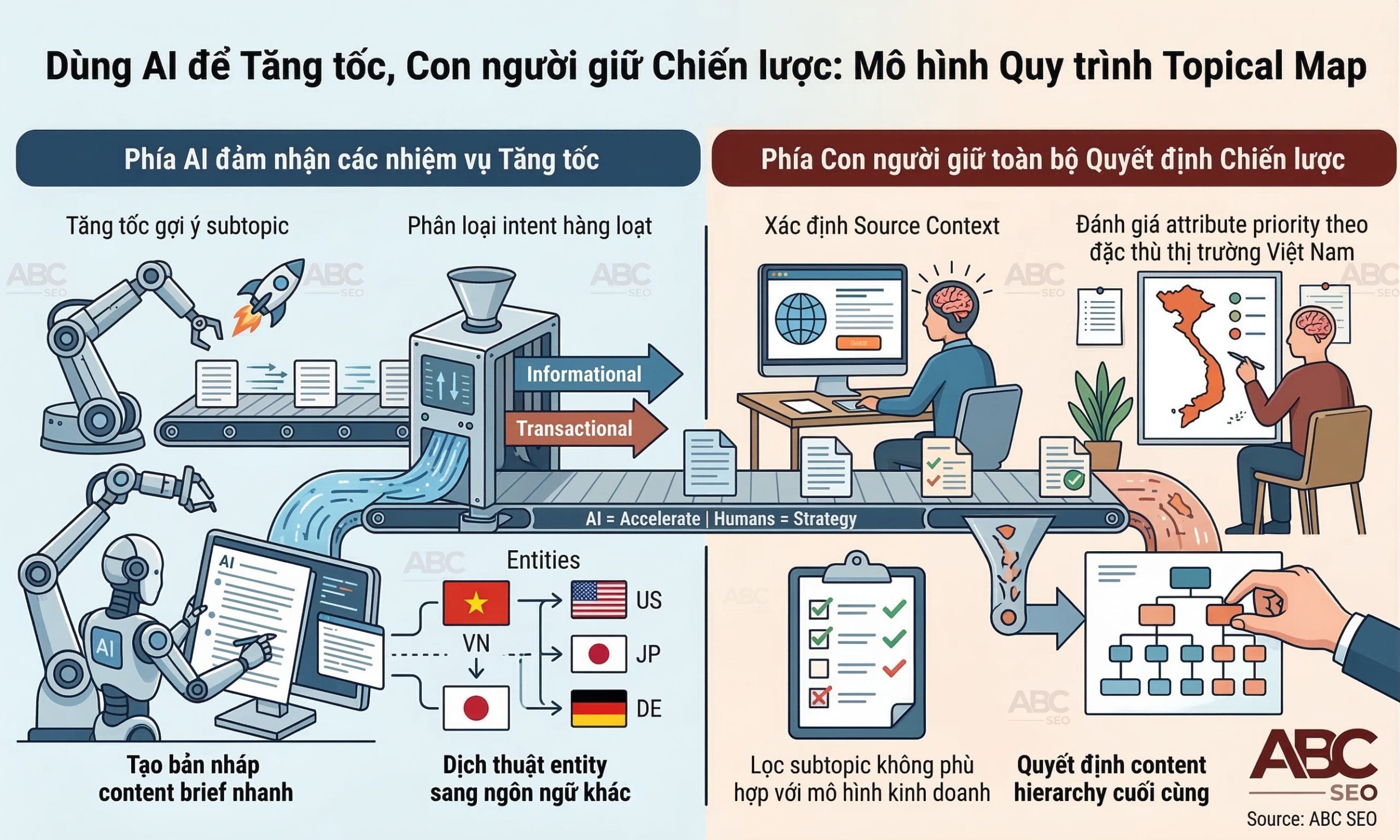 Minh hoạ vai trò AI như công cụ hỗ trợ tăng tốc quy trình xây dựng Topical Map trong khi con người giữ quyền quyết định chiến lược