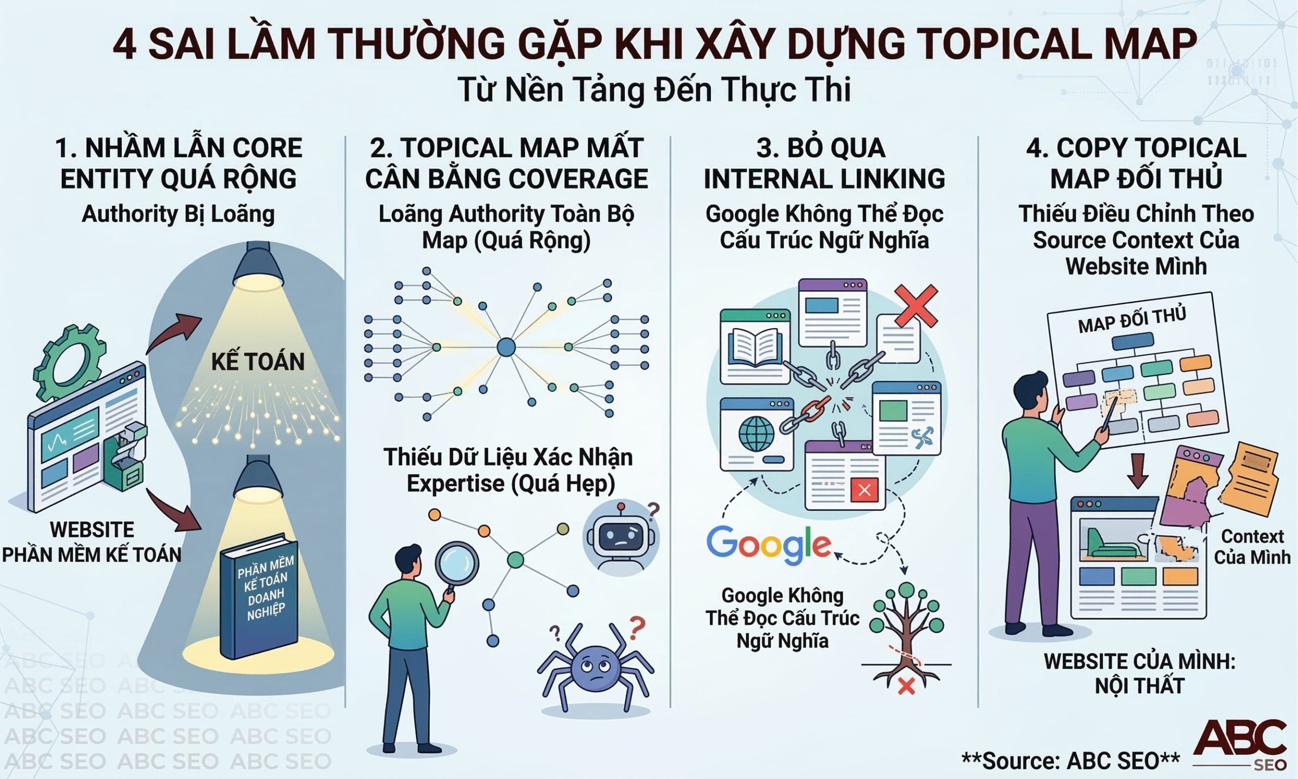  Infographic 4 sai lầm phổ biến khi xây dựng Topical Map gồm nhầm Core Entity, map quá rộng hoặc hẹp, bỏ qua internal linking và copy map từ đối thủ