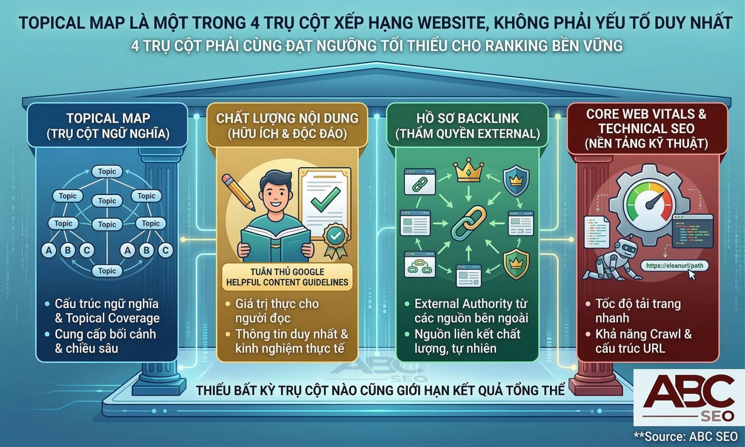 Infographic thể hiện Topical Map là điều kiện cần nhưng cần kết hợp với Content Quality theo Helpful Content Guidelines, Backlink Profile và Core Web Vitals để đạt ranking bền vững