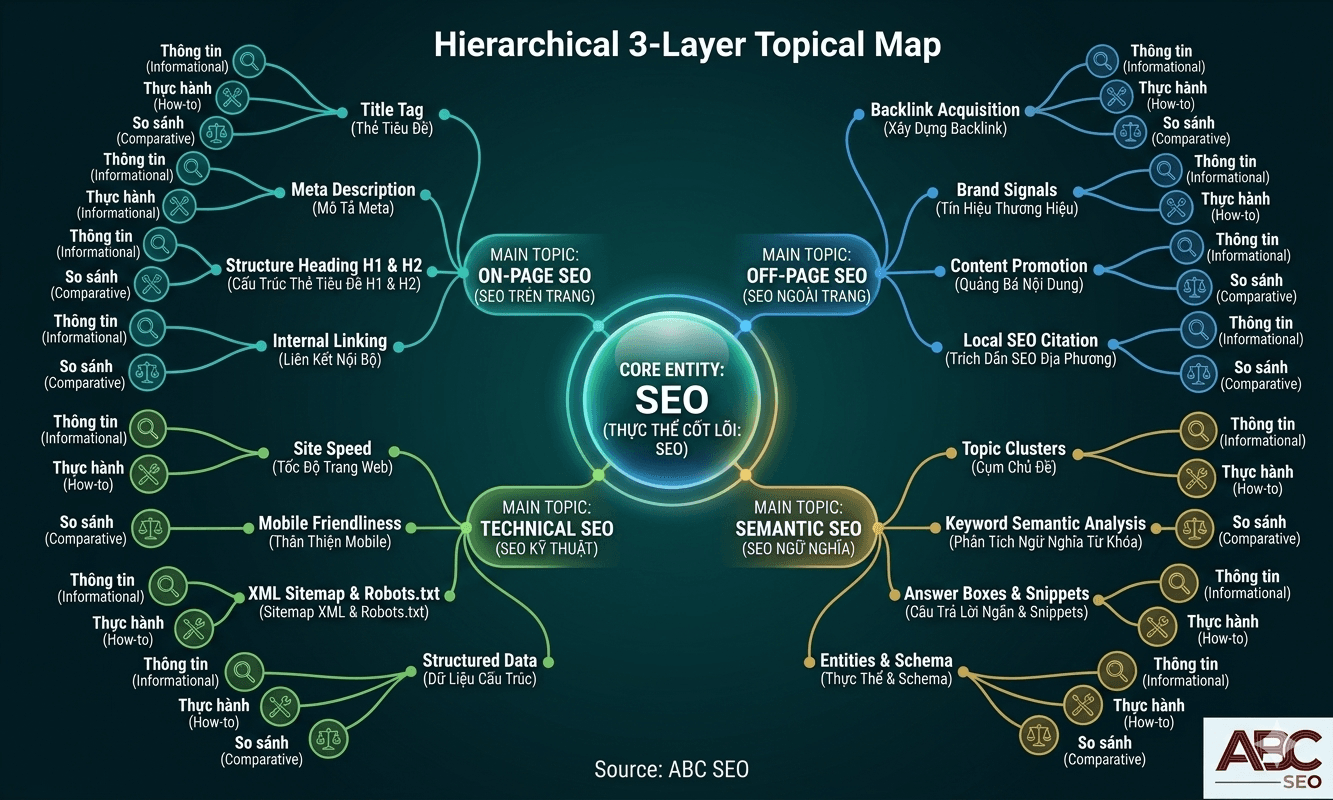 Sơ đồ cấu trúc Topical Map 3 lớp cho chủ đề SEO gồm Core Entity, Main Topics với Subtopics và Intent Layers