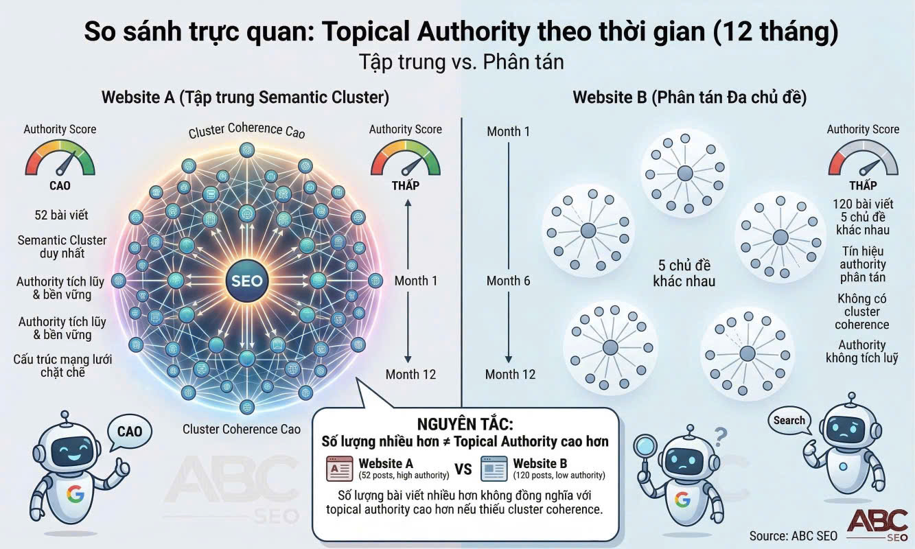 Tần Suất Xuất Bản Nội Dung Website: Bao Nhiêu Là Đủ Để SEO Hiệu Quả? 3 So sánh trực quan topical authority giữa website tập trung cluster SEO trong 12 tháng và website đăng nhiều chủ đề phân tán