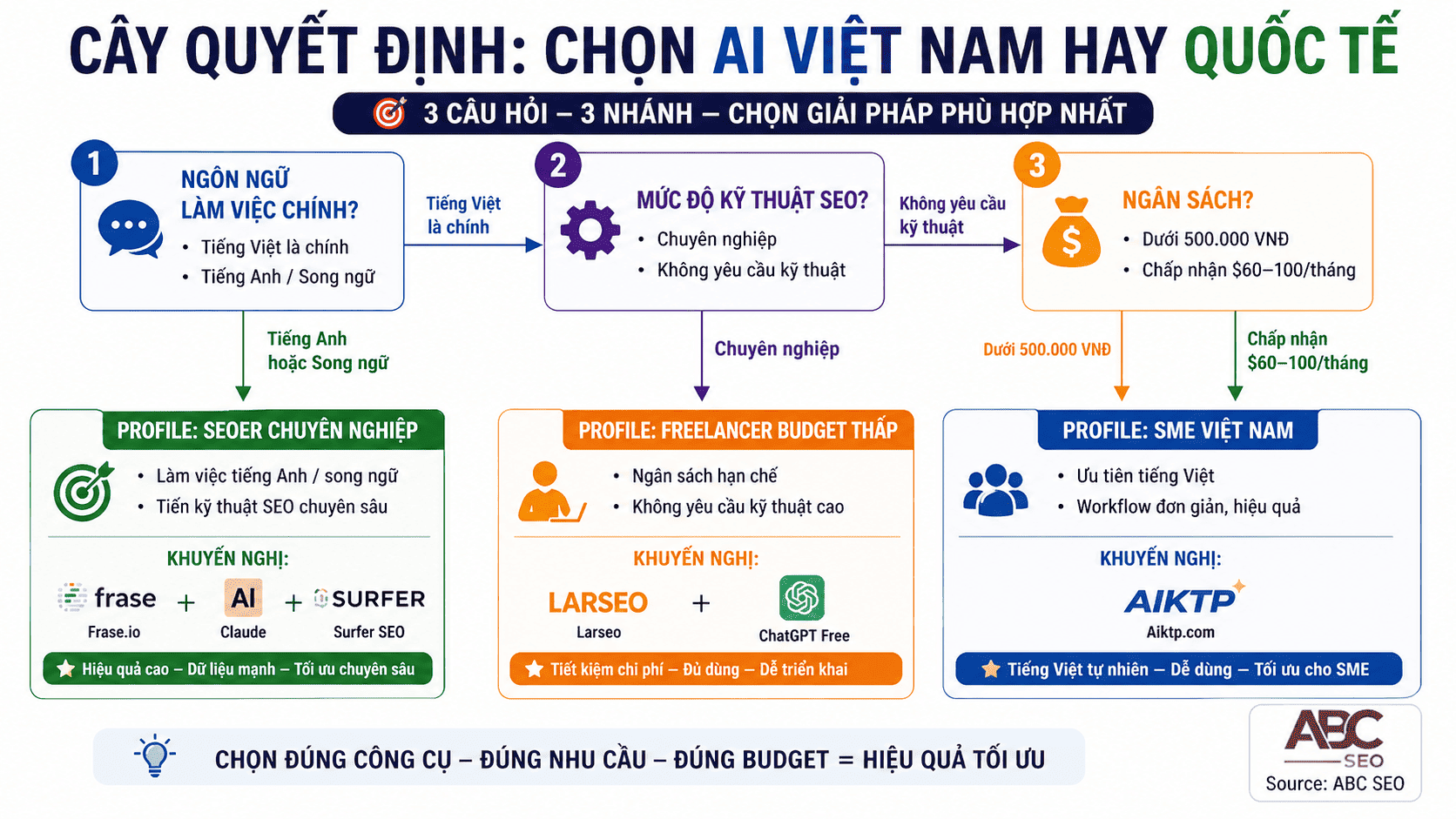 Cây quyết định chọn công cụ AI Việt Nam hay quốc tế theo profile freelancer SEOer SME 2026