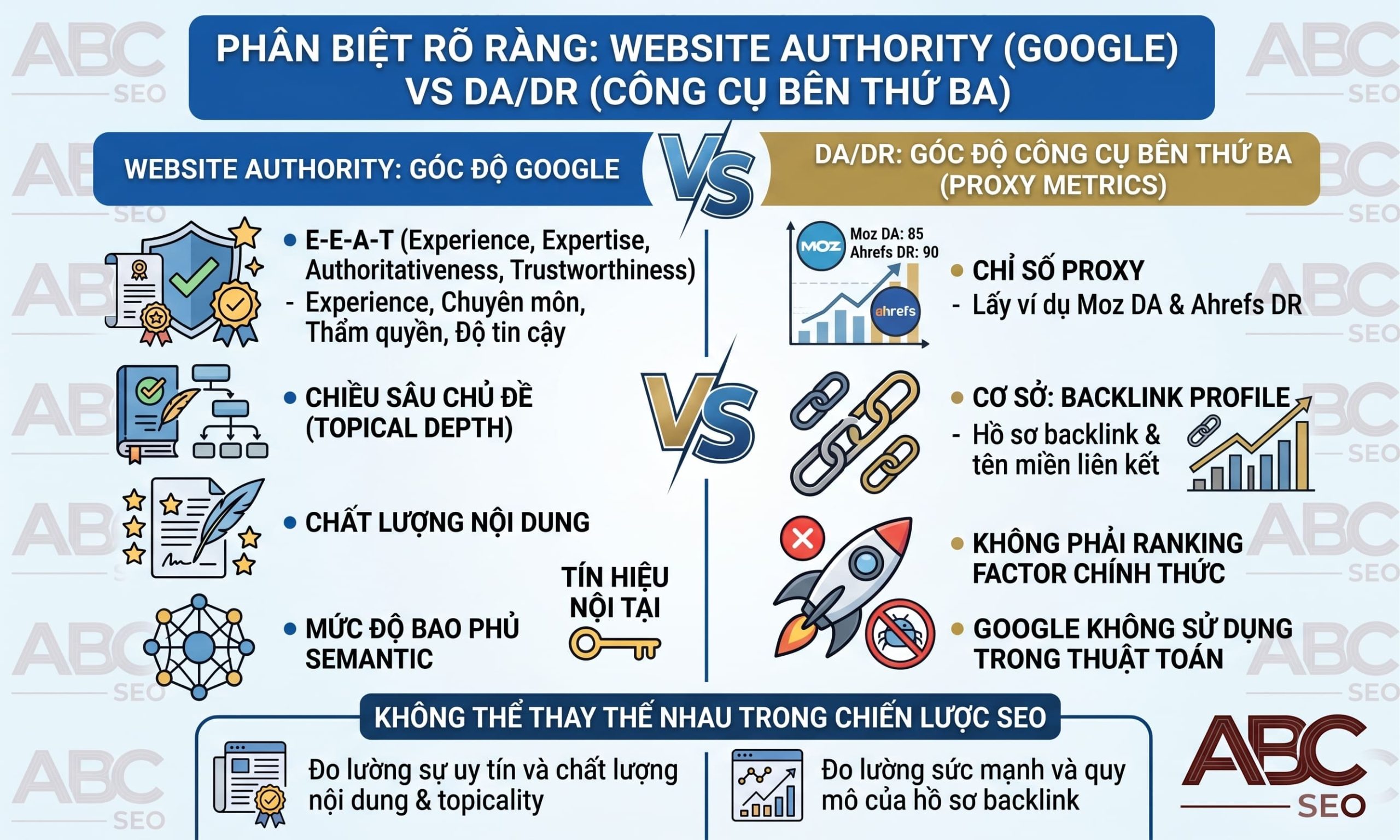 So sánh Website Authority theo Google với DA Moz và DR Ahrefs trong SEO