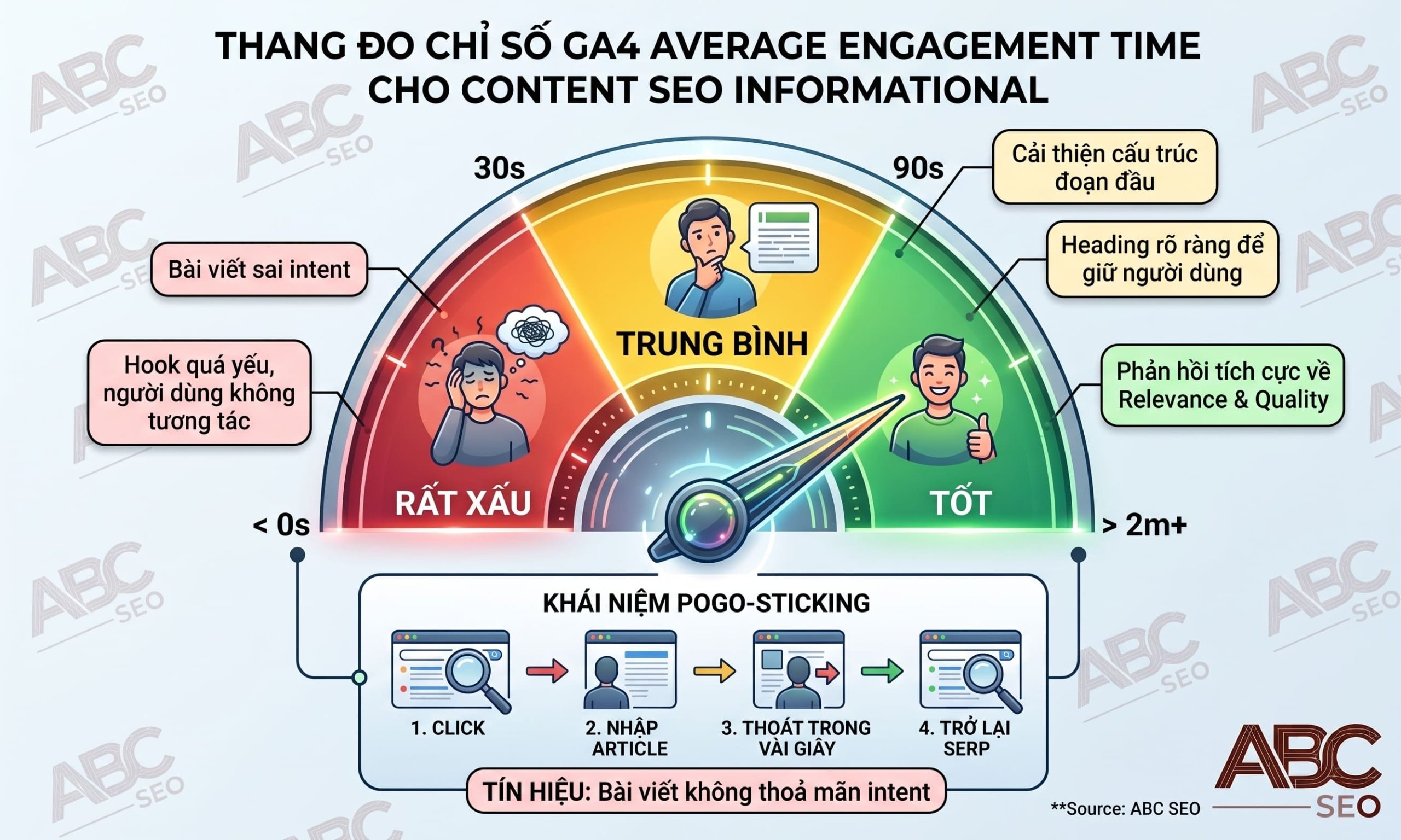 Thang đo engagement time GA4: dưới 30s tệ, 30-90s trung bình, trên 2 phút tốt