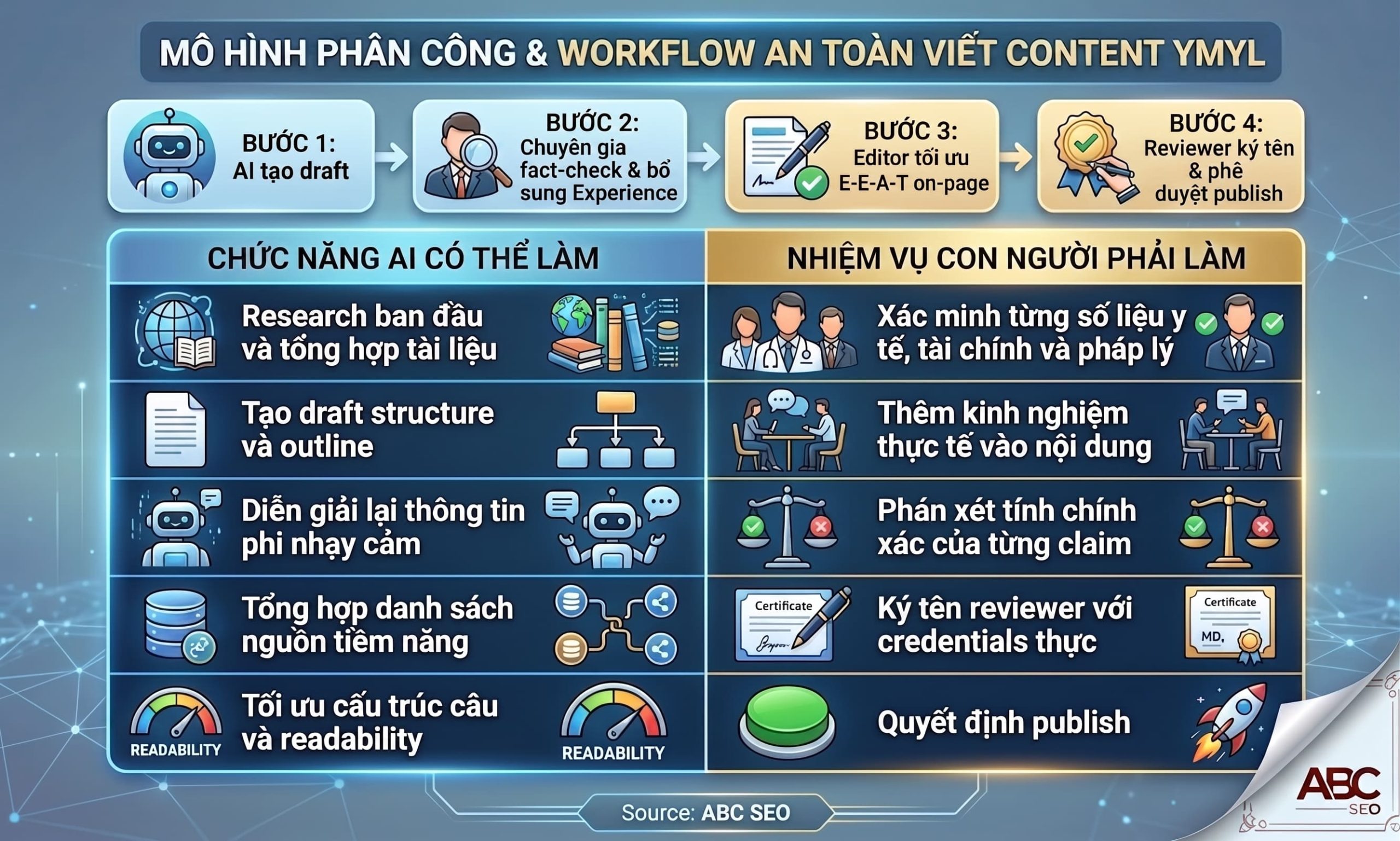 Mô hình kết hợp AI và chuyên gia viết content YMYL với workflow an toàn 4 bước