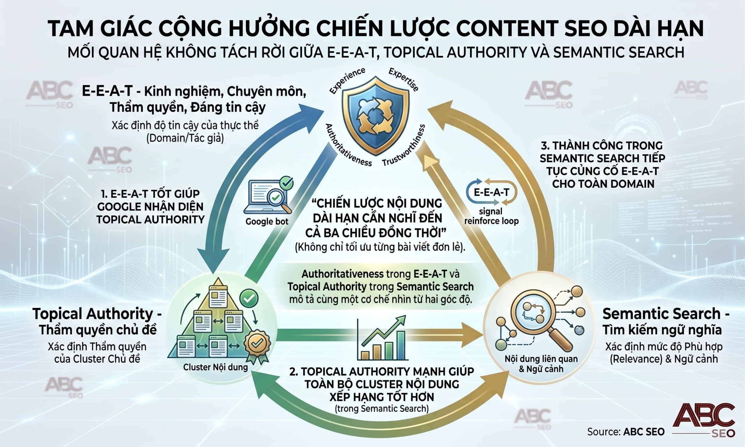 cộng hưởng E-E-A-T Topical Authority Semantic Search chiến lược content SEO dài hạn