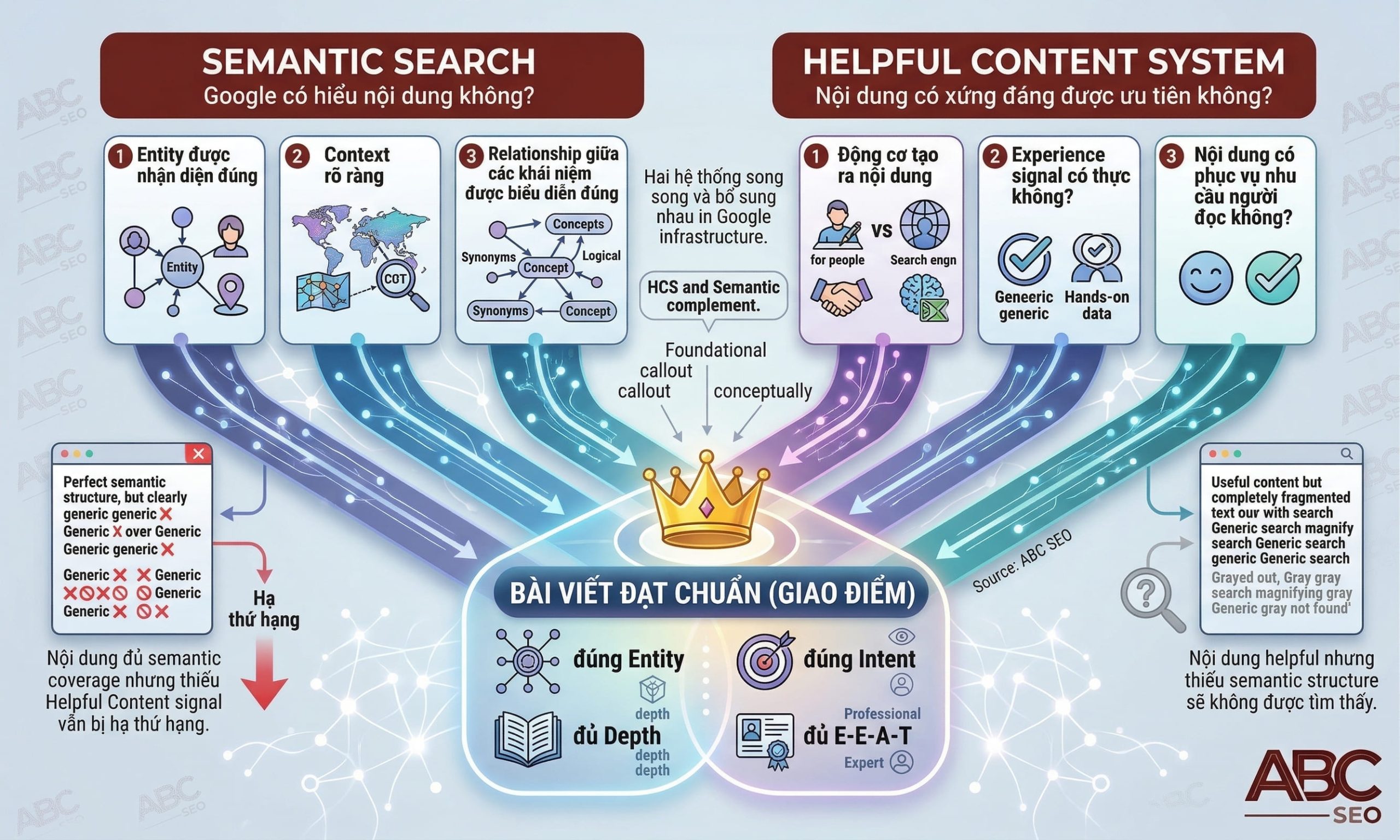 Sơ đồ quan hệ giữa Semantic Search và Helpful Content System trong xếp hạng Google
