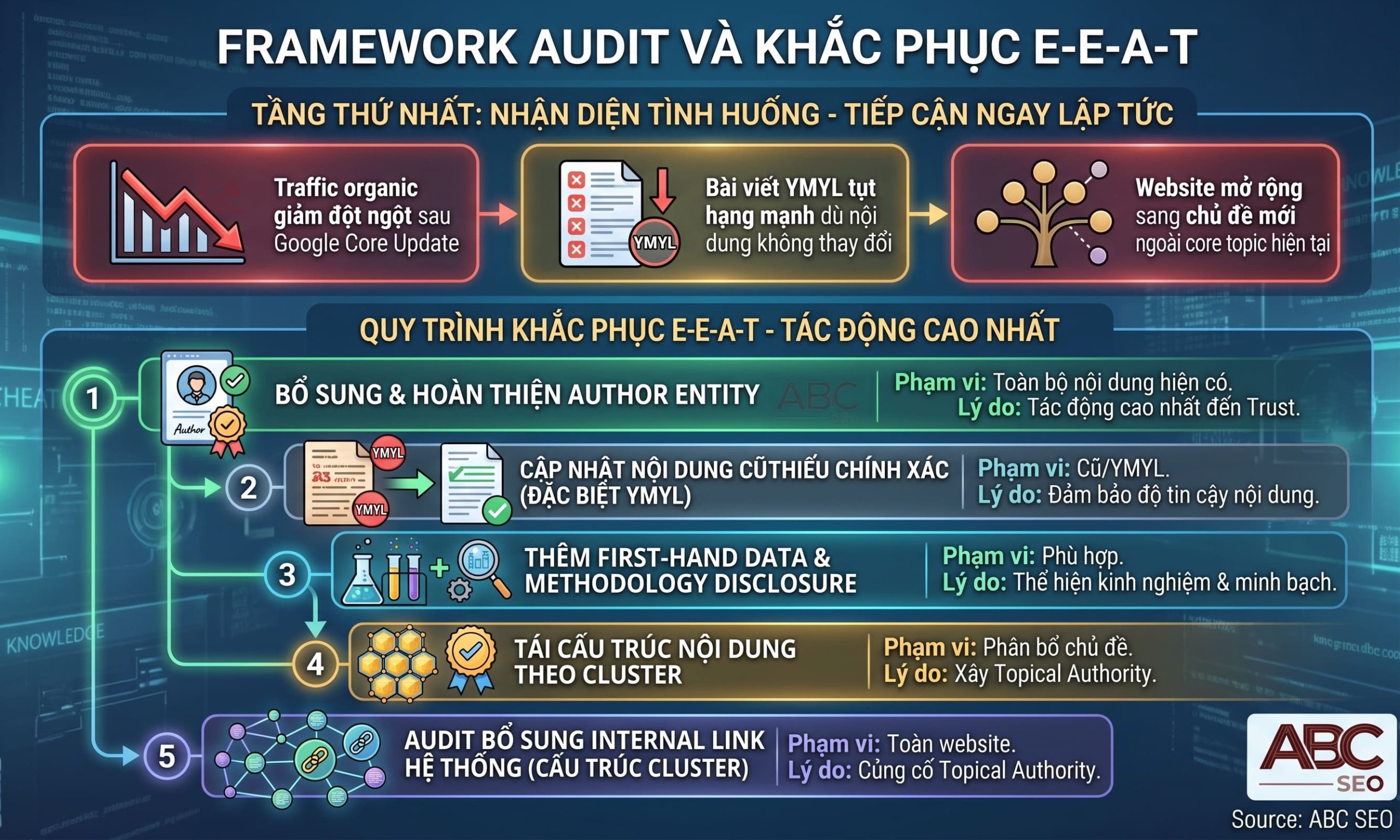 Framework audit E-E-A-T 5 bước khắc phục ưu tiên từ Author Entity đến internal link