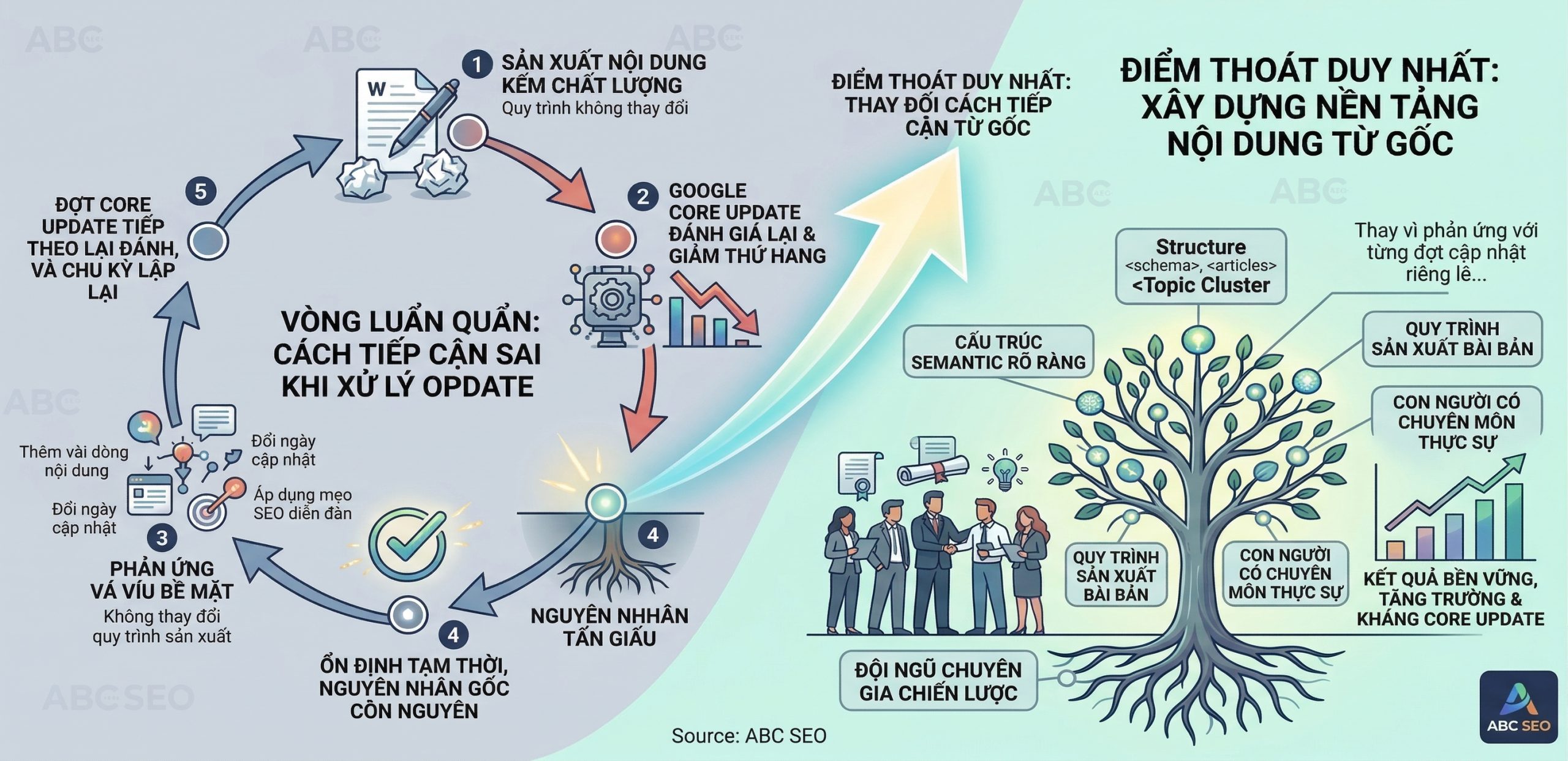 vòng luẩn quẩn: content kém bị Core Update đánh, vá víu không thay đổi quy trình, bị đánh lại đợt tiếp theo