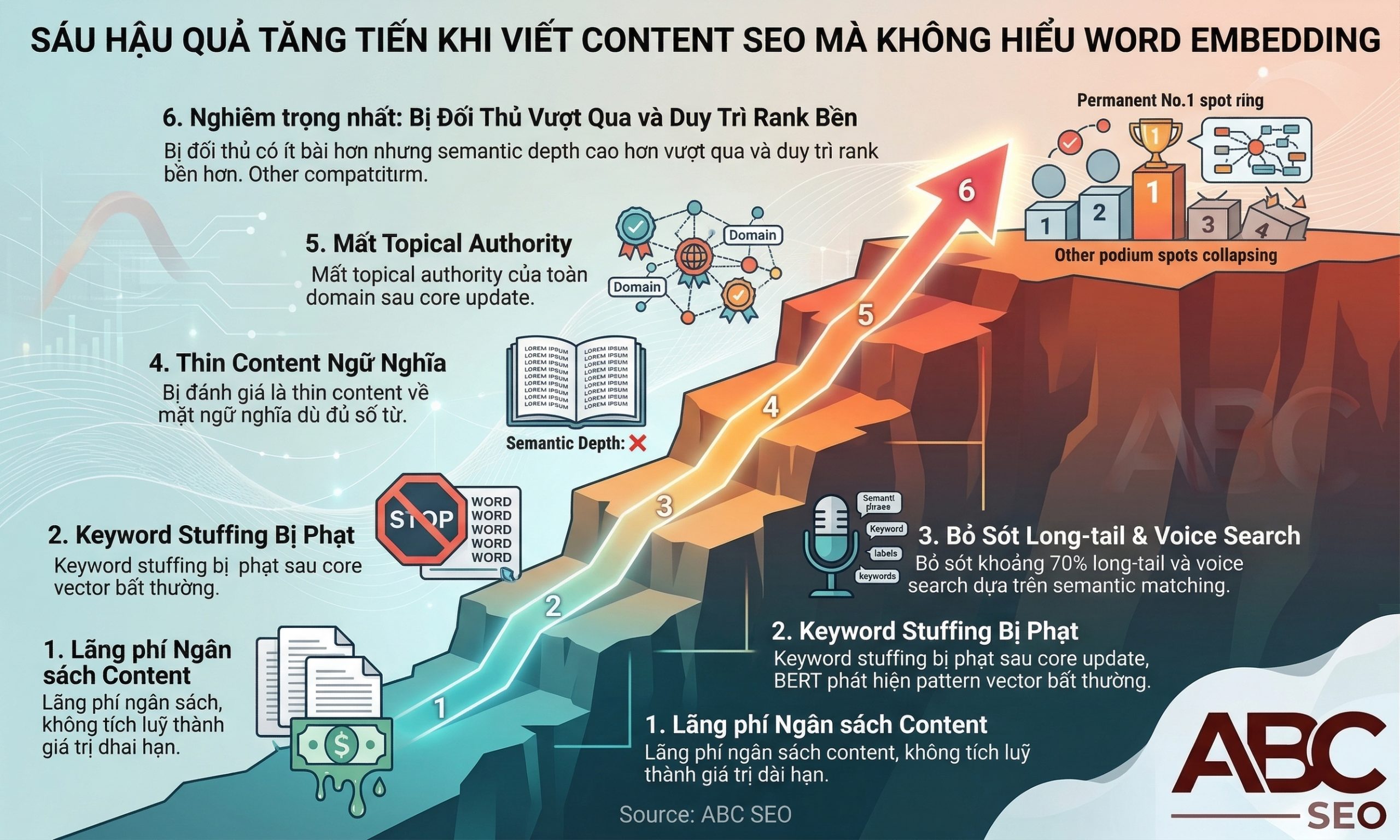 Sáu rủi ro tăng tiến từ lãng phí ngân sách đến mất topical authority khi bỏ qua semantic optimization