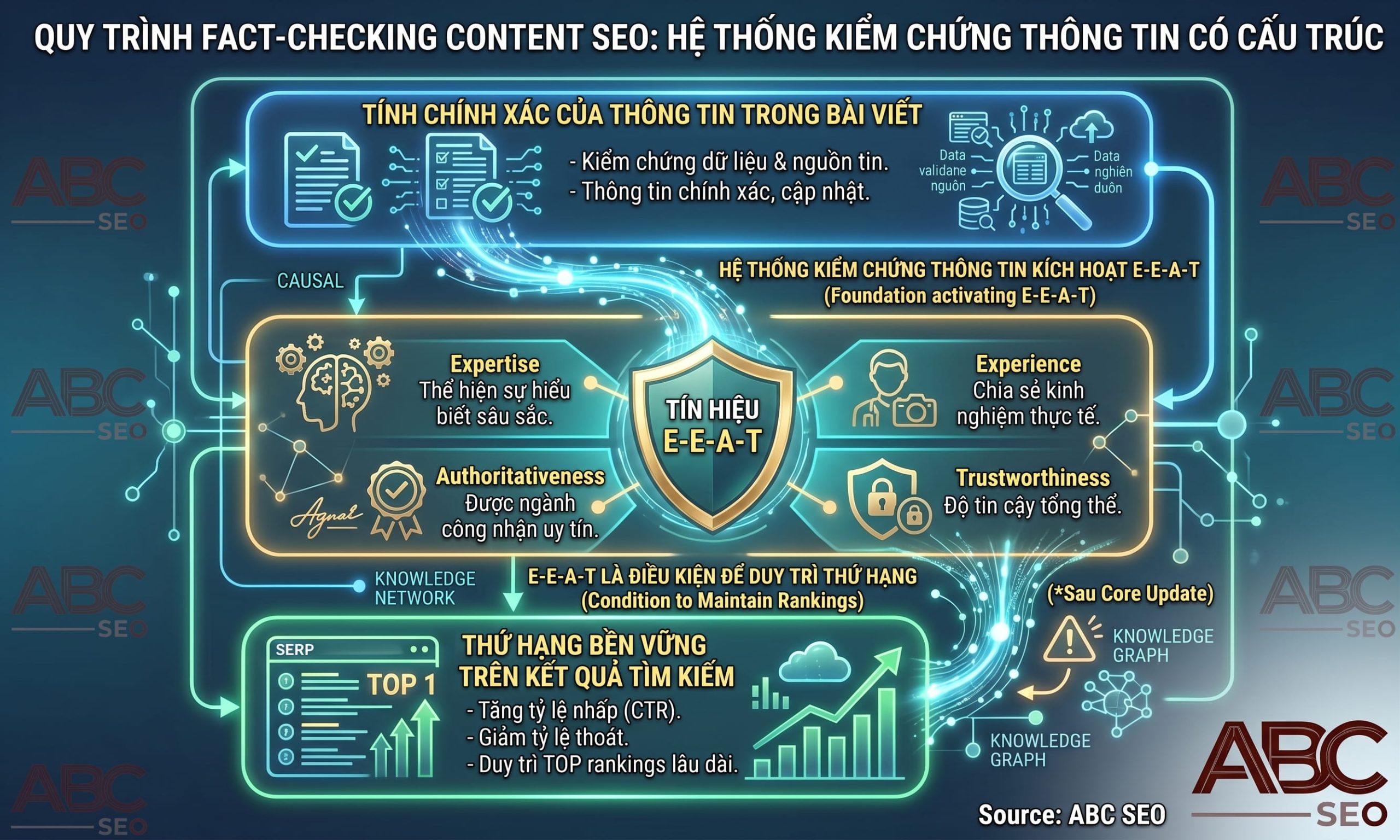 Fact-checking content SEO là quy trình xác minh thông tin bảo vệ E-E-A-T và Trustworthiness