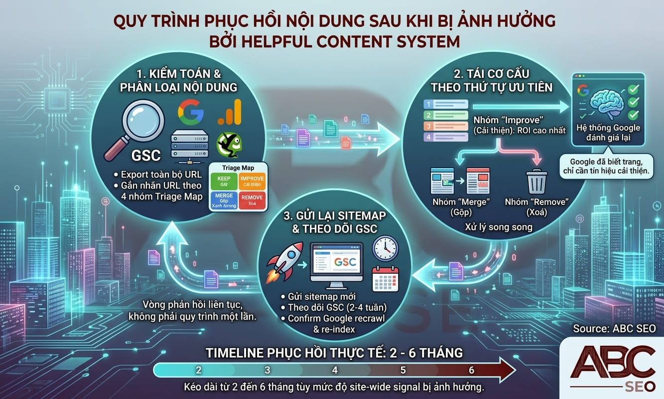 Ba bước phục hồi nội dung sau ảnh hưởng Helpful Content: audit, tái cơ cấu, re-submit