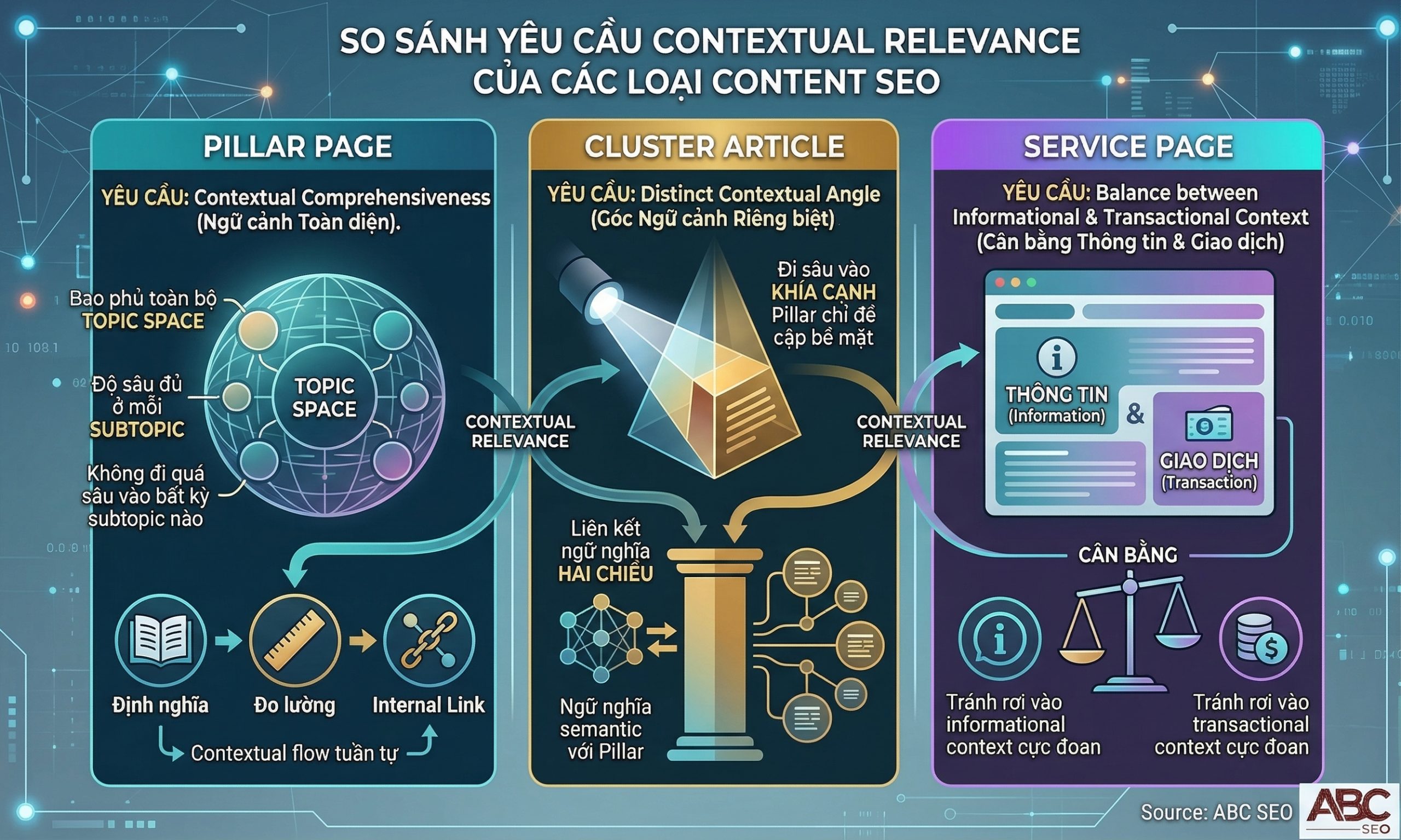 So sánh yêu cầu Contextual Relevance của Pillar Page, Cluster Article và Service Page