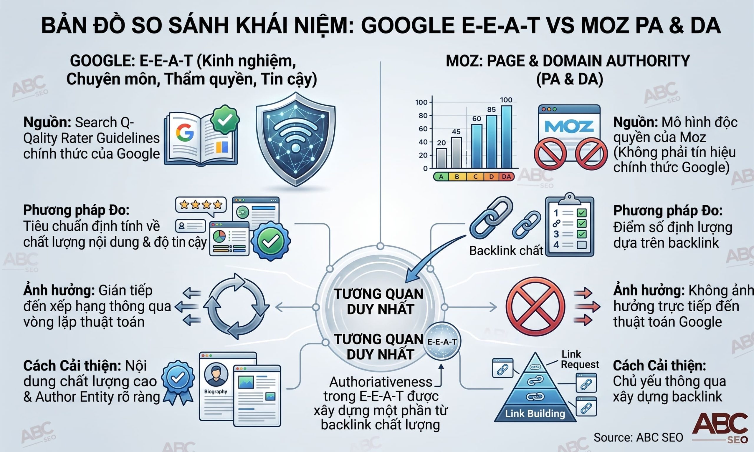 E-E-A-T Google với Page Authority Domain Authority Moz nguồn gốc đo lường cải thiện