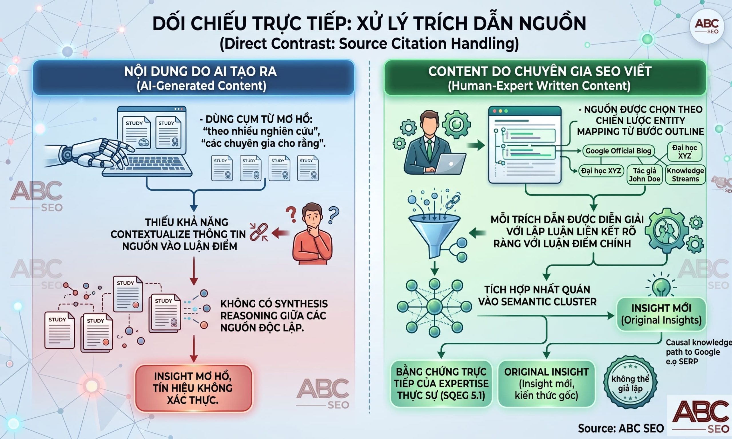 So sánh cách xử lý trích dẫn nguồn giữa chuyên gia SEO và AI-generated content