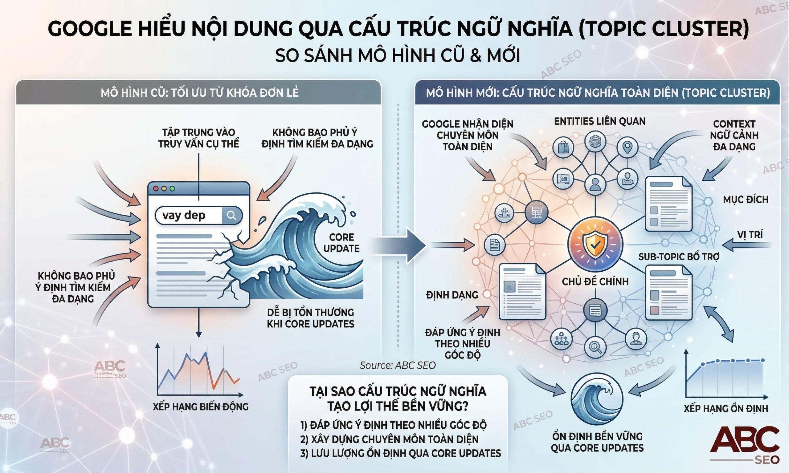 cấu trúc ngữ nghĩa Semantic SEO với entities, sub-topics và topic cluster tạo Topical Authority bền vững