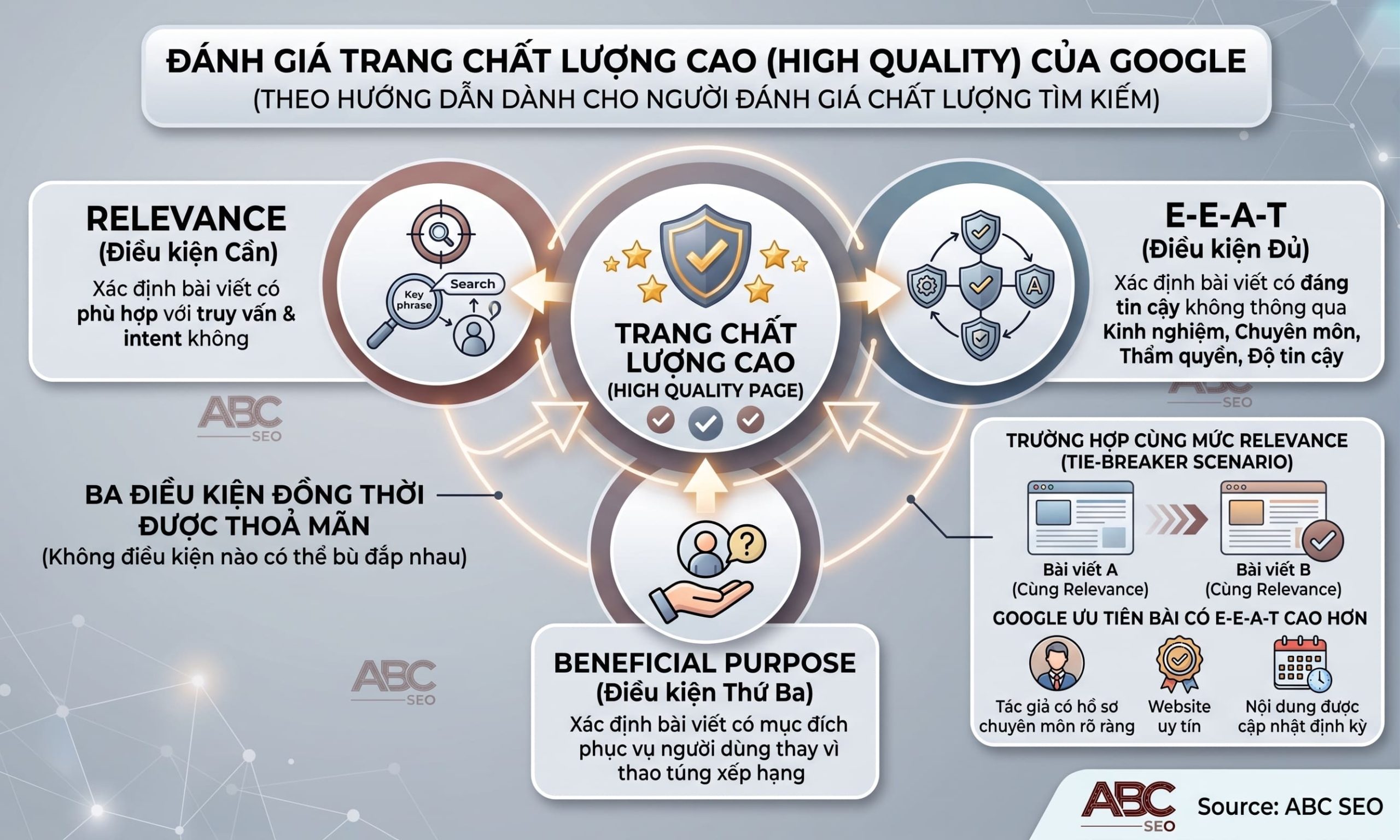 Relevance là điều kiện cần, E-E-A-T là điều kiện đủ, cùng Beneficial Purpose tạo thành High Quality