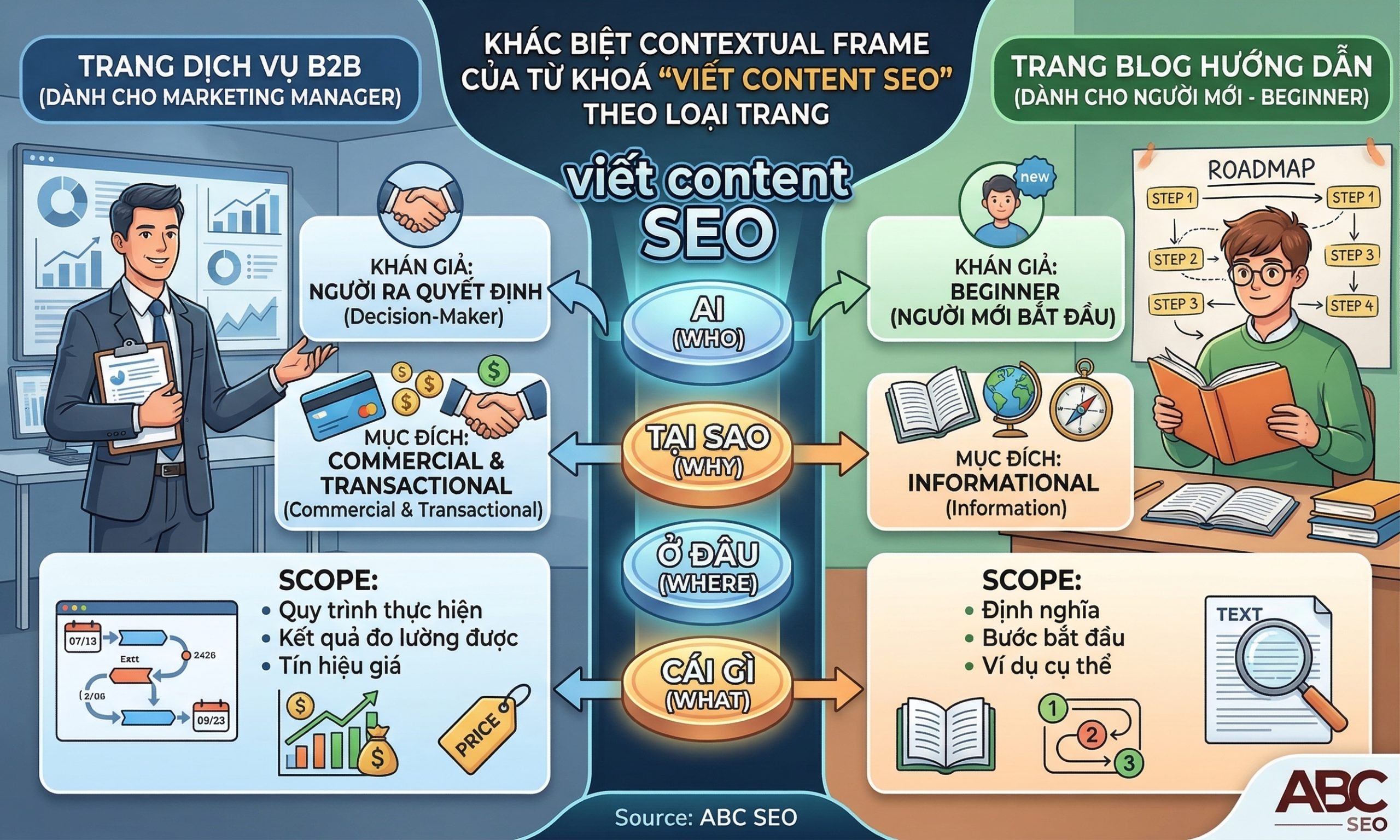 Contextual Frame khác nhau cho cùng từ khoá viết content SEO: trang dịch vụ và trang blog