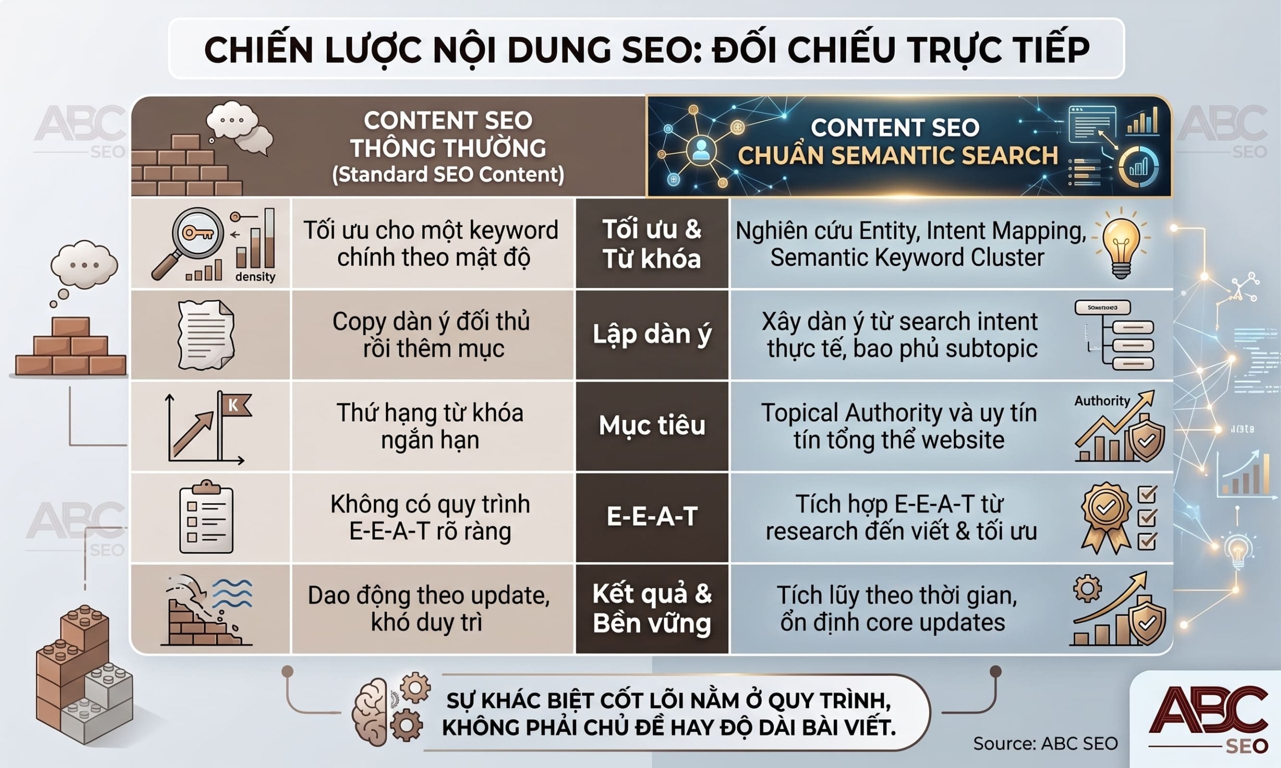 So sánh Content SEO chuẩn Semantic Search và Content SEO thông thường theo 5 tiêu chí từ keyword đến kết quả