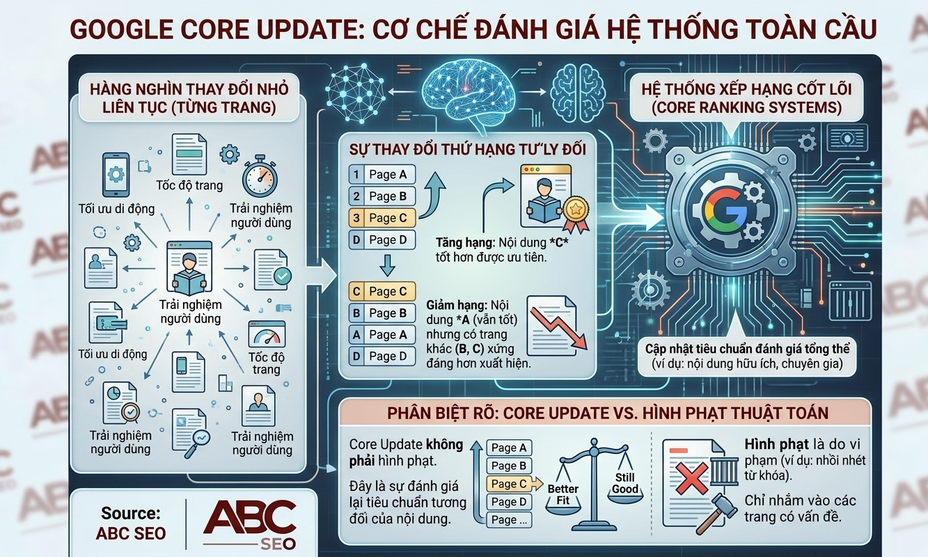 cách Google Core Update đánh giá lại toàn bộ web trong mối tương quan, không phải từng trang đơn lẻ
