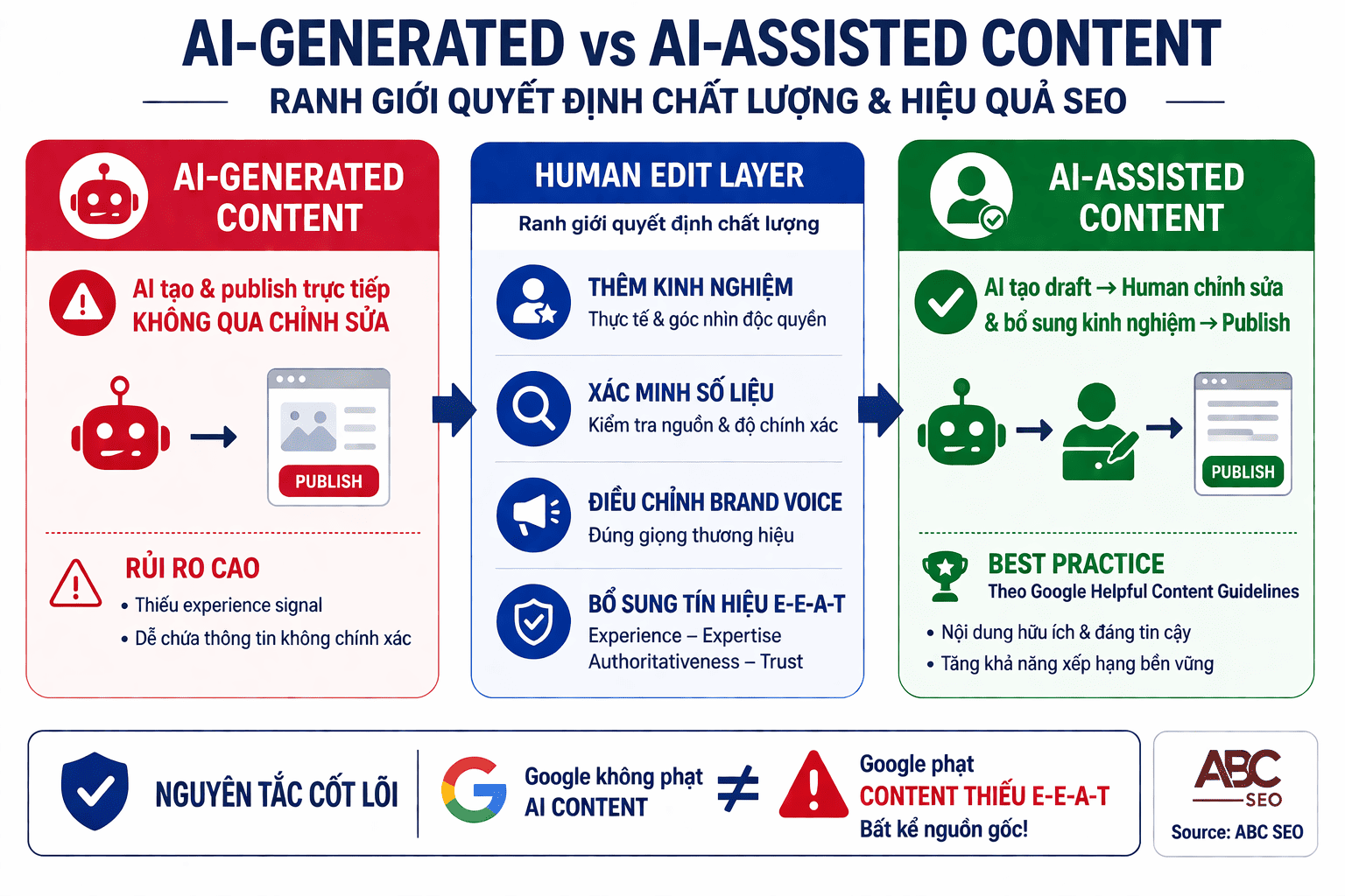 Ranh giới AI-generated và AI-assisted content SEO theo chuẩn E-E-A-T Google