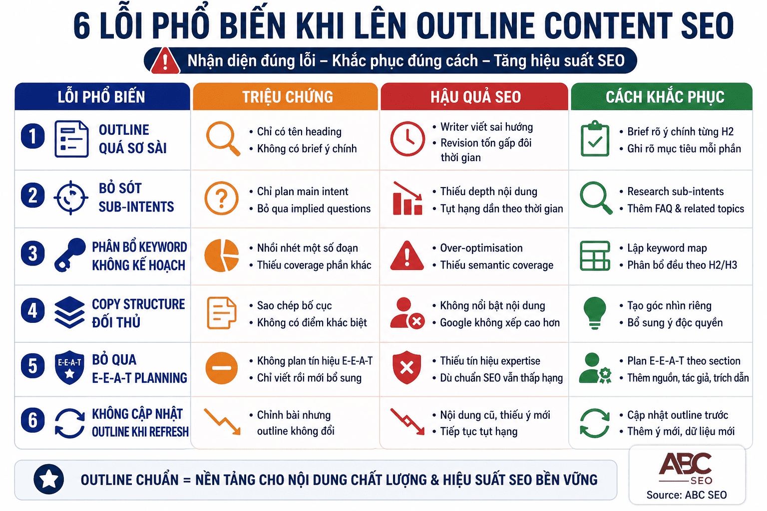 6 lỗi outline content SEO: sơ sài, bỏ sót sub-intent, keyword ngẫu nhiên, copy structure, thiếu E-E-A-T, không cập nhật