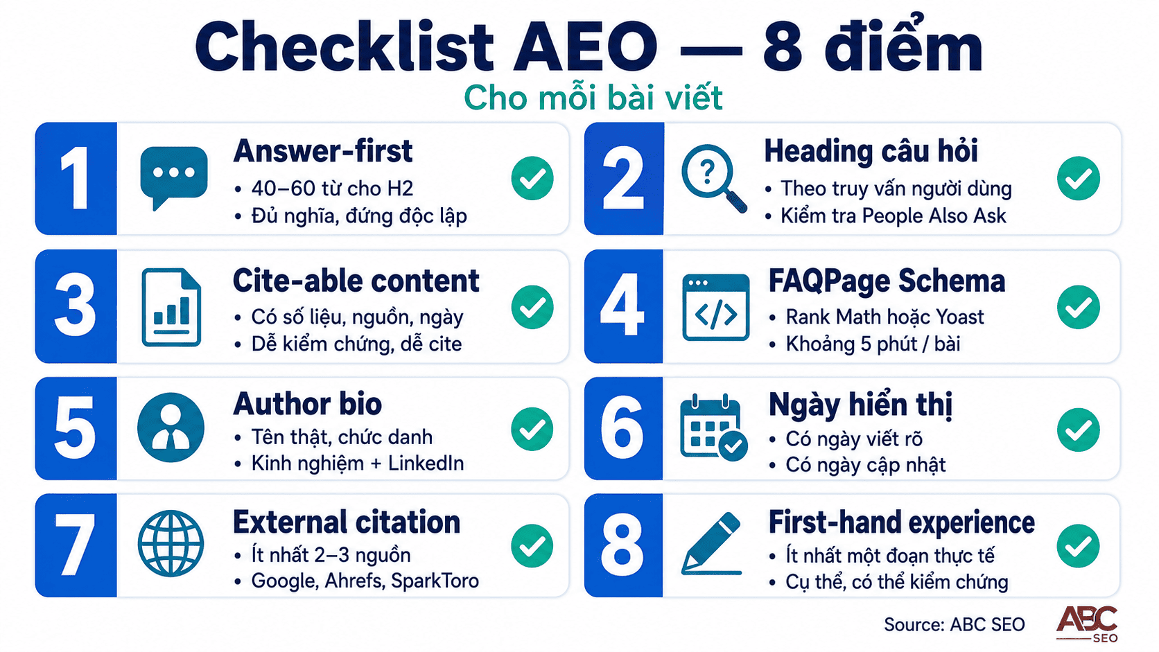 Checklist 8 điểm AEO cho content writer áp dụng ngay không cần kỹ năng kỹ thuật