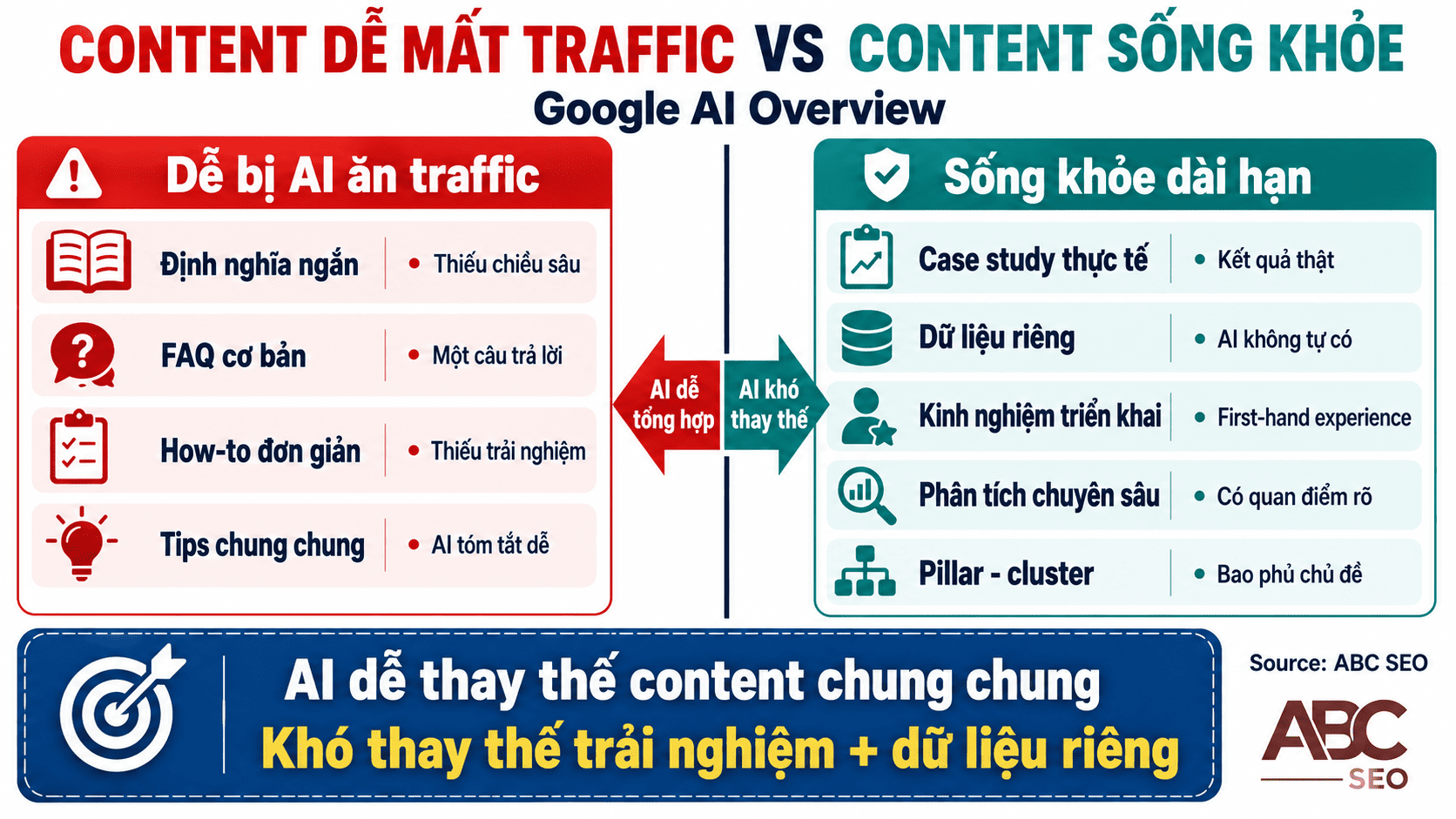 so sánh nội dung dễ bị mất traffic và nội dung bền vững trong AI Overview
