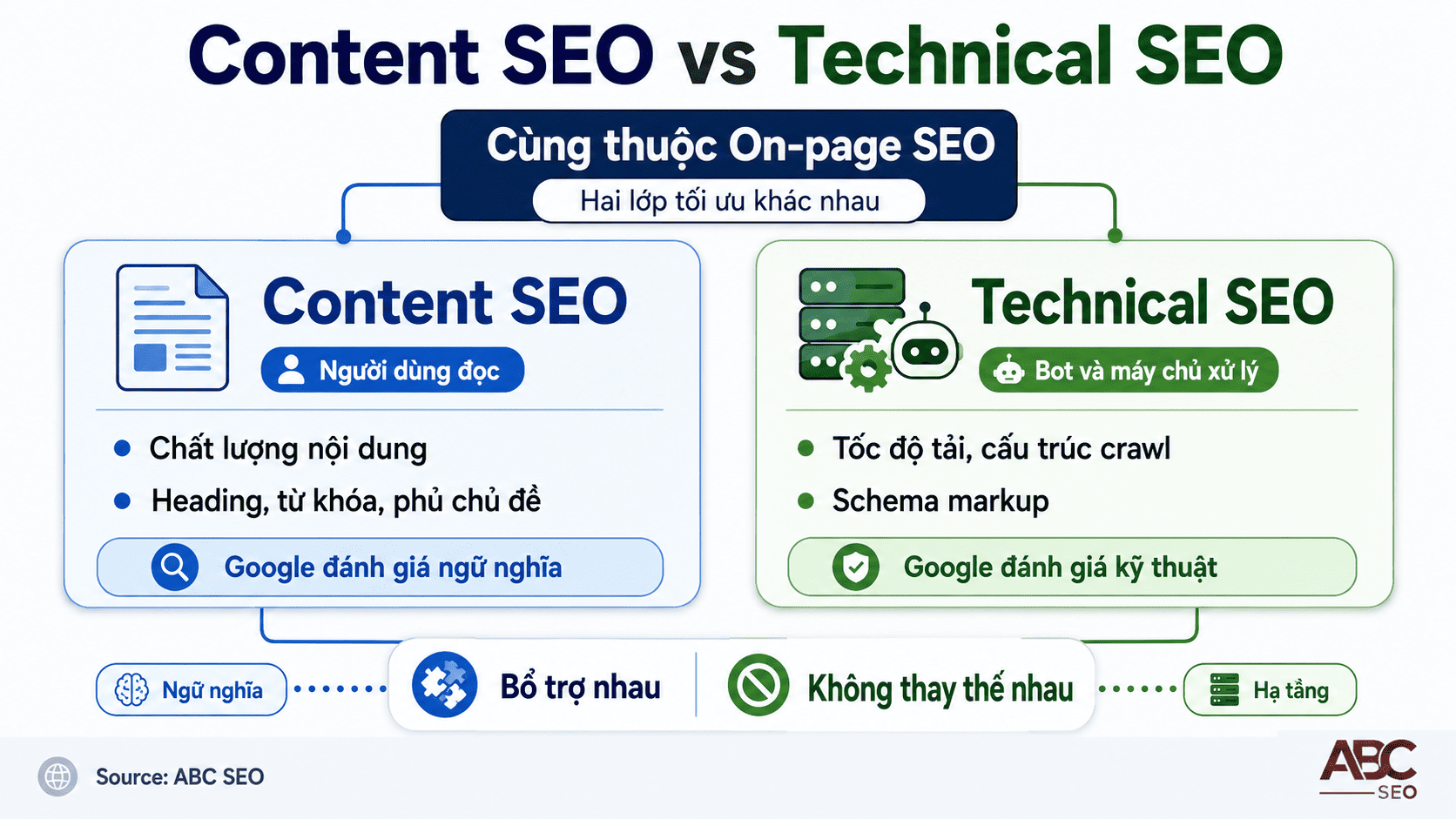 So sánh Content SEO và Technical SEO - vai trò và phạm vi khác nhau trong on-page SEO