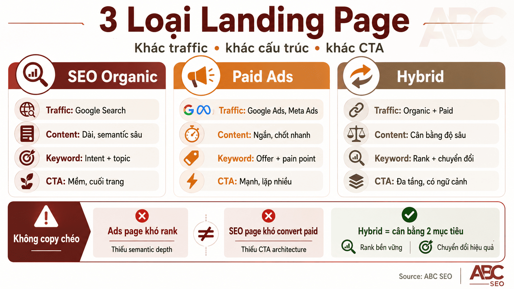So sánh ba loại landing page: SEO Organic, Paid Ads, và Hybrid theo mục tiêu