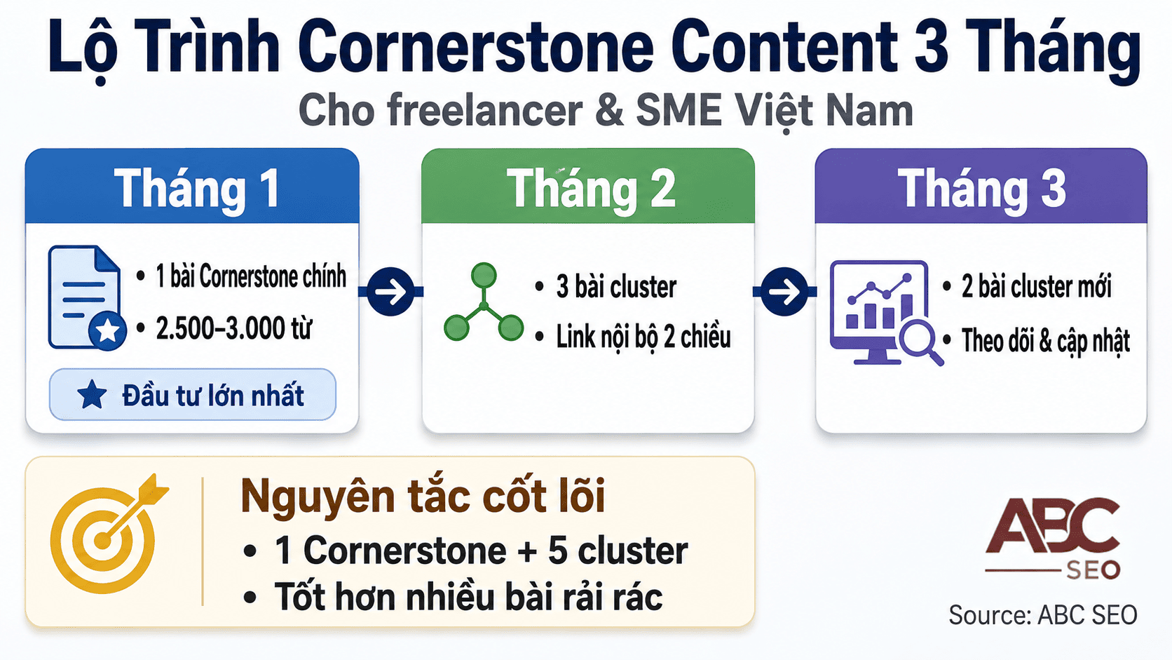 Lộ trình 3 tháng viết Cornerstone Content cho freelancer: tháng 1 viết bài nền tảng, tháng 2–3 xây cluster
