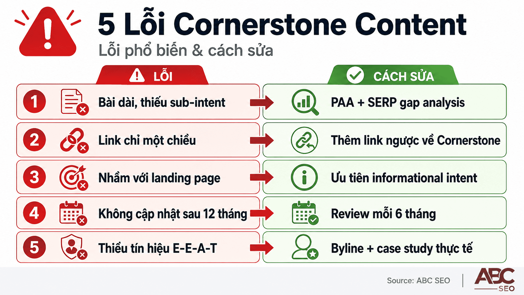 5 lỗi viết Cornerstone Content: thiếu sub-intent, internal link 1 chiều, nhầm landing page, không cập nhật, thiếu E-E-A-T