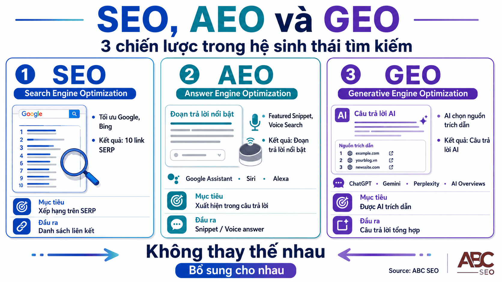 So sánh SEO AEO GEO — ba chiến lược hoạt động ở ba tầng khác nhau trong hệ sinh thái tìm kiếm