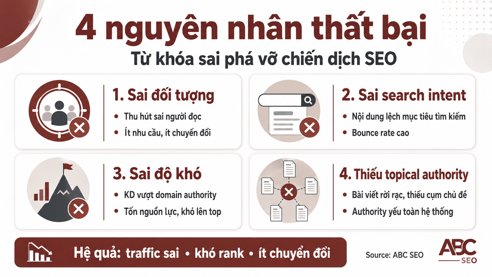 4 lý do từ khóa sai phá vỡ chiến dịch SEO sai đối tượng sai intent KD cao không topical authority