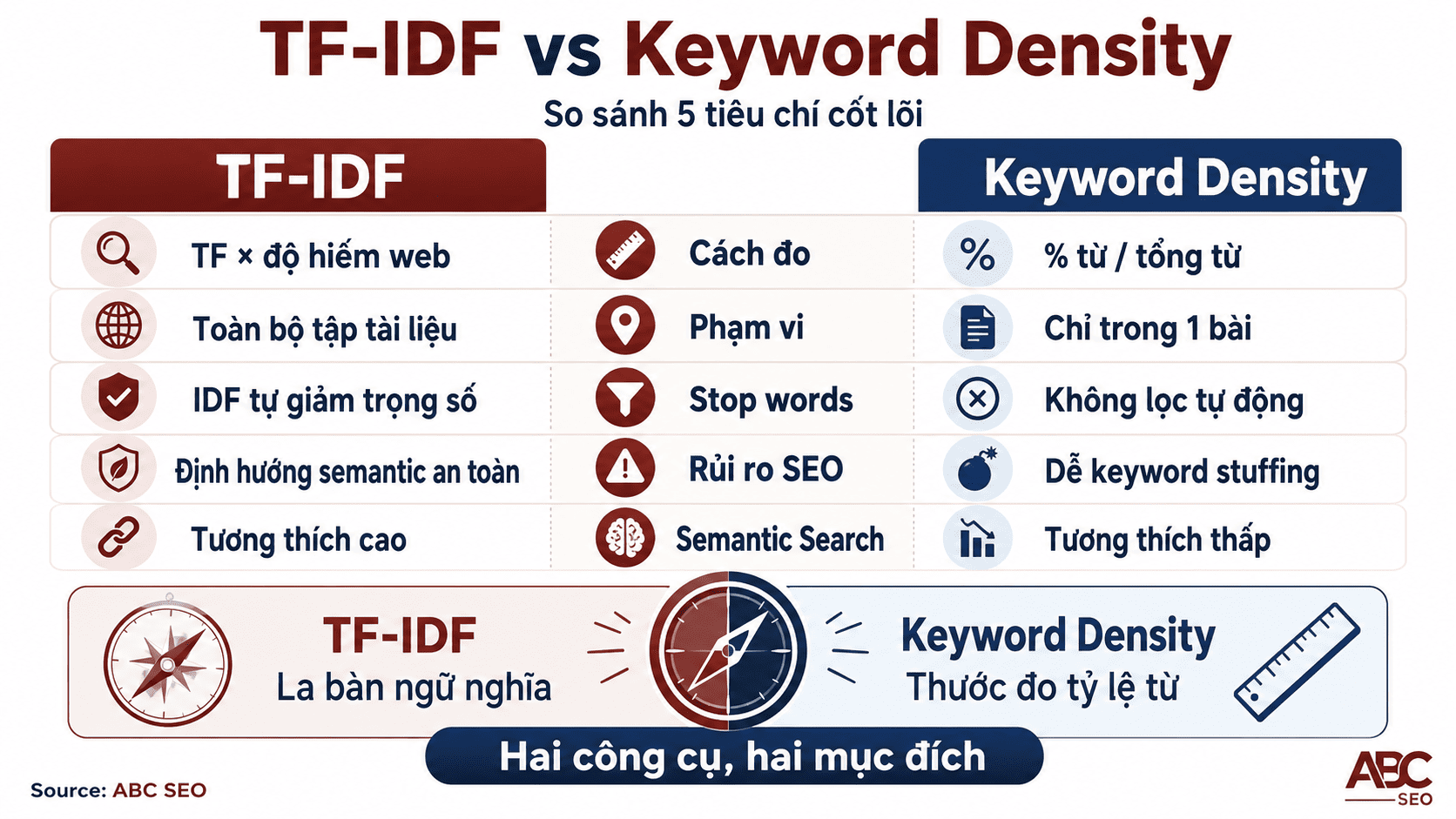 TF-IDF vs Keyword Density – so sánh phạm vi đo lường và tương thích Semantic Search