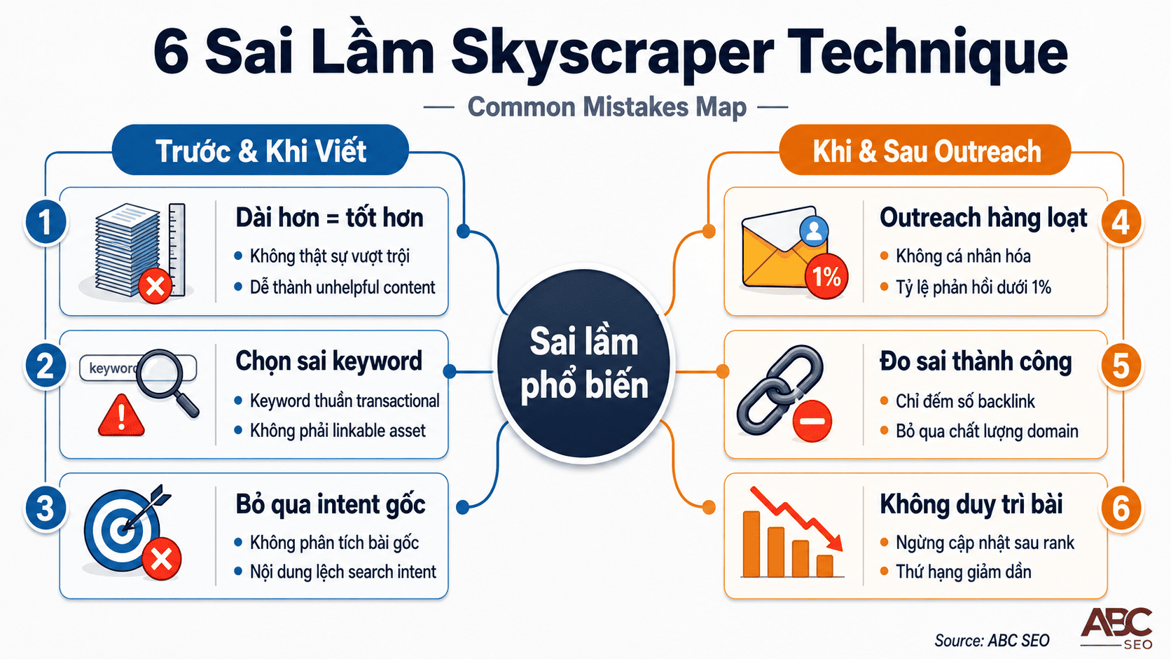 6 sai lầm Skyscraper Technique: nhầm vượt trội với dài hơn, từ khóa transactional, outreach hàng loạt