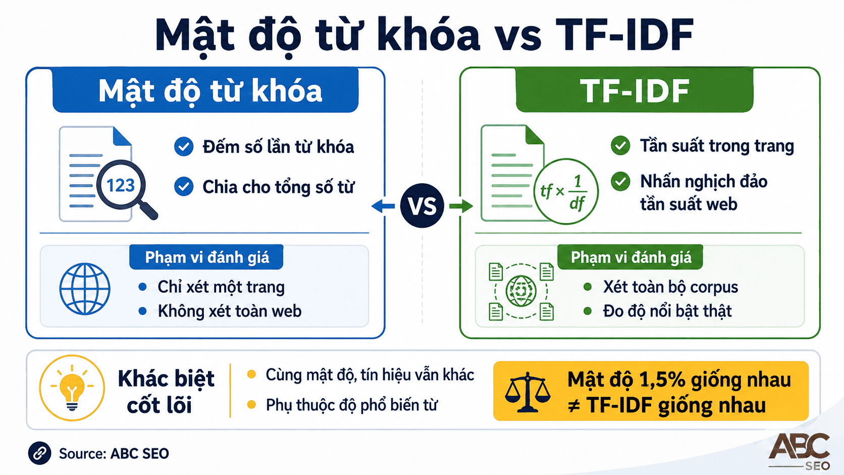 So sánh mật độ từ khoá và TF-IDF - tần suất tuyệt đối vs tầm quan trọng tương đối