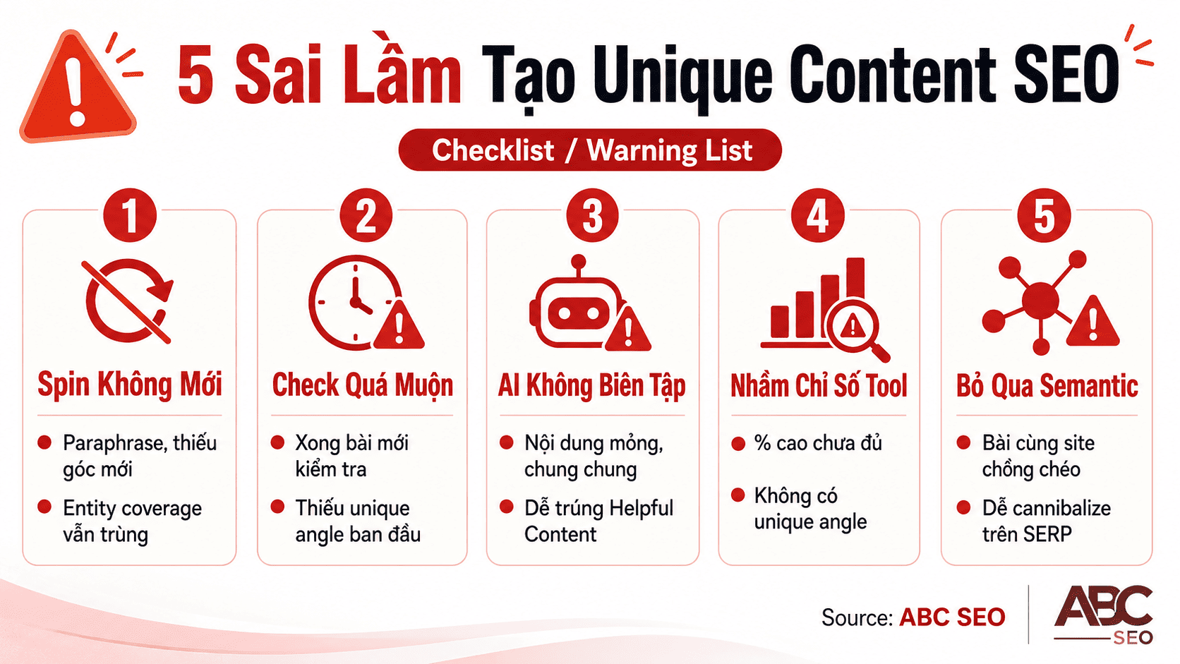 5 sai lầm unique content SEO: spin content, check sau khi viết, AI không biên tập, nhầm % tool, bỏ qua semantic