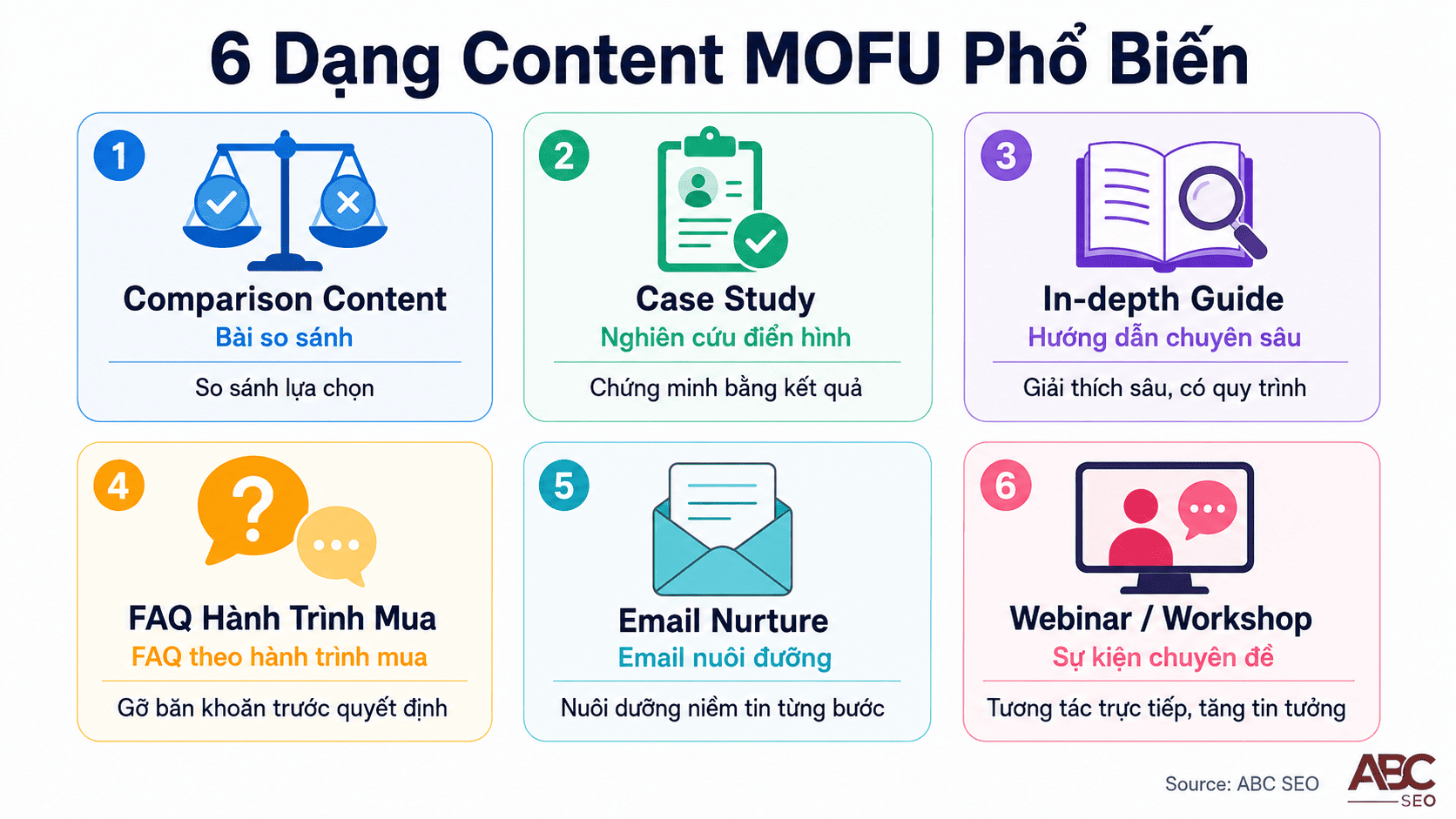 Content MOFU Là Gì? Hướng Dẫn Toàn Diện Từ Khái Niệm Đến Viết Content SEO Thực Chiến 3 Sáu dạng content MOFU phổ biến cho chiến lược content SEO toàn phễu
